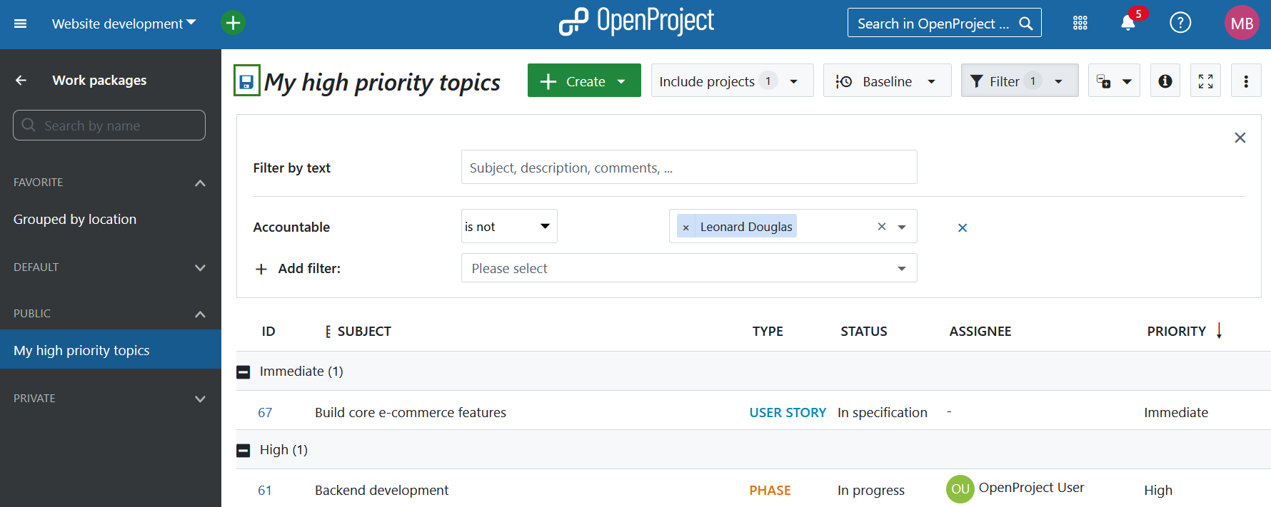 Save icon next to work package table name in OpenProject