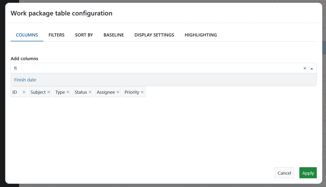 Work package table configuration form in OpenProject